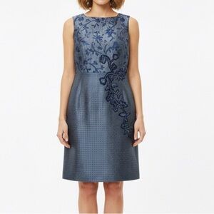 Lafayette 148 New York Navy Gray Floral Houndstooth Linen Acetate Dress - Size 6